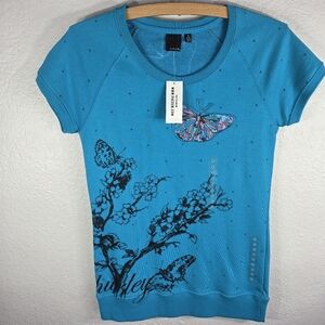 Hurley For Pacsun Blue Top Shirt Short Sleeve Size S Butterfly Print Womens